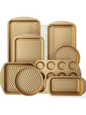 9-Piece Antique Gold Nonstick Bakeware Set Non-Toxic Baking Pans Set Steel